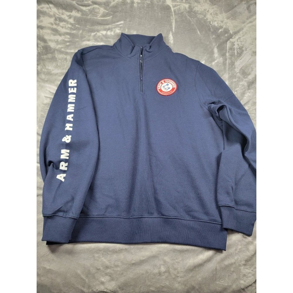 Arm & Hammer Navy Blue 1/4 zip Pullover Sweatshirt, Logo Patch, Mens Large